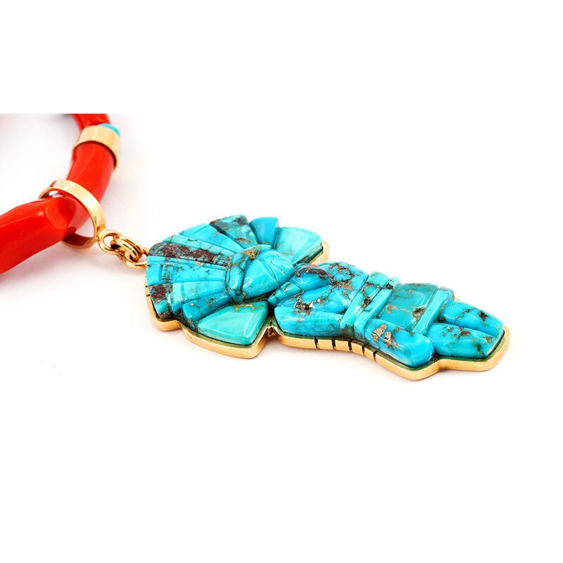 Don Supplee Coral Necklace With Turquoise Maiden Gold Figure