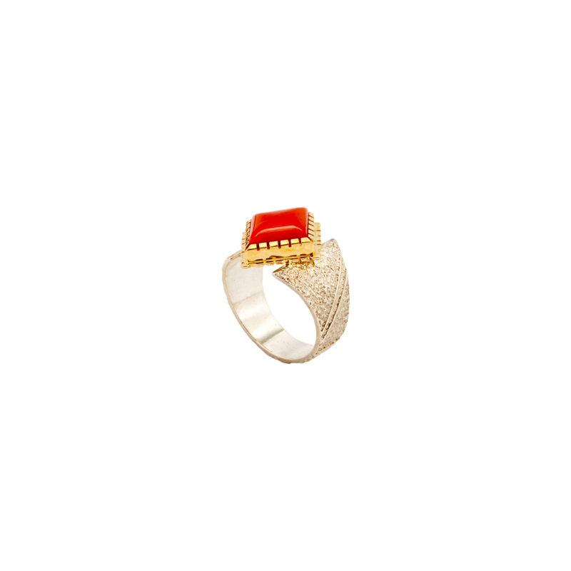 Ric Charlie Sterling Silver Ring With Coral and Gold