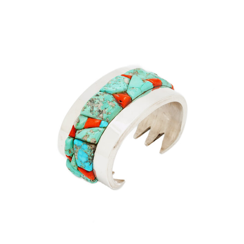 Eveli Sabatie Sterling Silver Bracelet with Turquoise and Coral Inlay