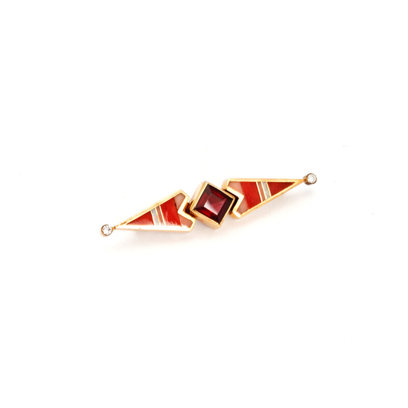 Ray Tracey 14K Gold Pin With Diamonds, Inlay and Garnet