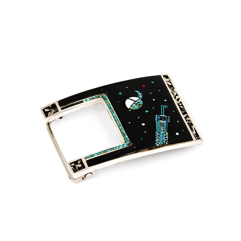 Clark, Carl & Irene Micro-Inlay Belt Buckle – Navajo Moon God & Stylized Yei