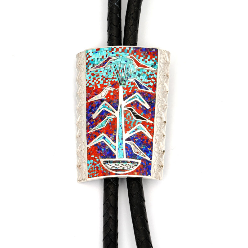 Carl and Irene Clark Micro-Inlaid Silver Bolo Tie "Tree Of Life"